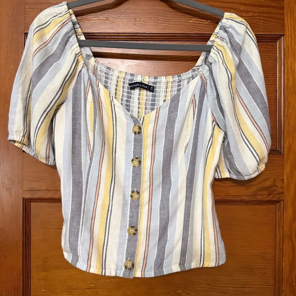 A&F Striped Puff Sleeve Button Front Top Smocked Back Medium Cottagecore Garden